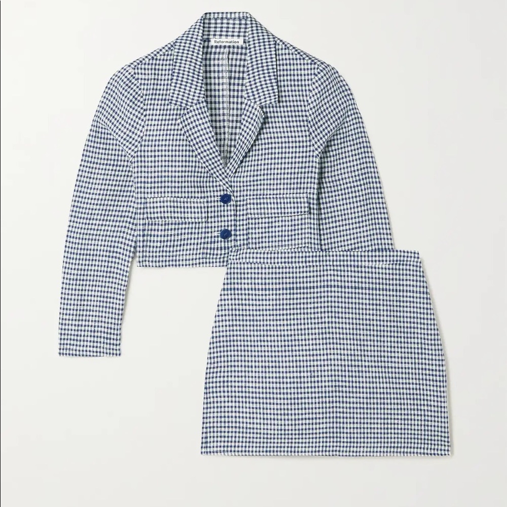 Reformation Elton Gingham Linen Cropped Blazer and Mini Skirt Set - Picture 1 of 6